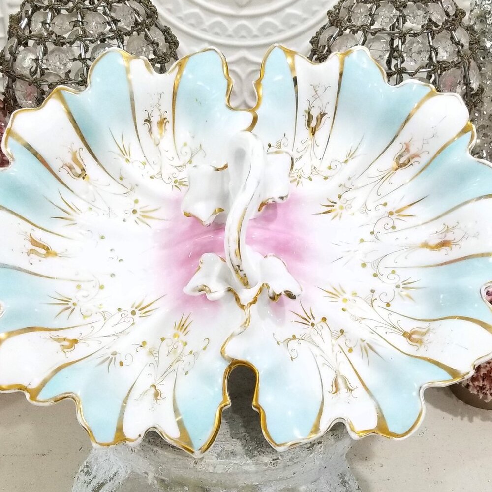Antique CT Carl Tielsch Atlwasser Divided Pink & Blue Oyster Handle Dish 14"